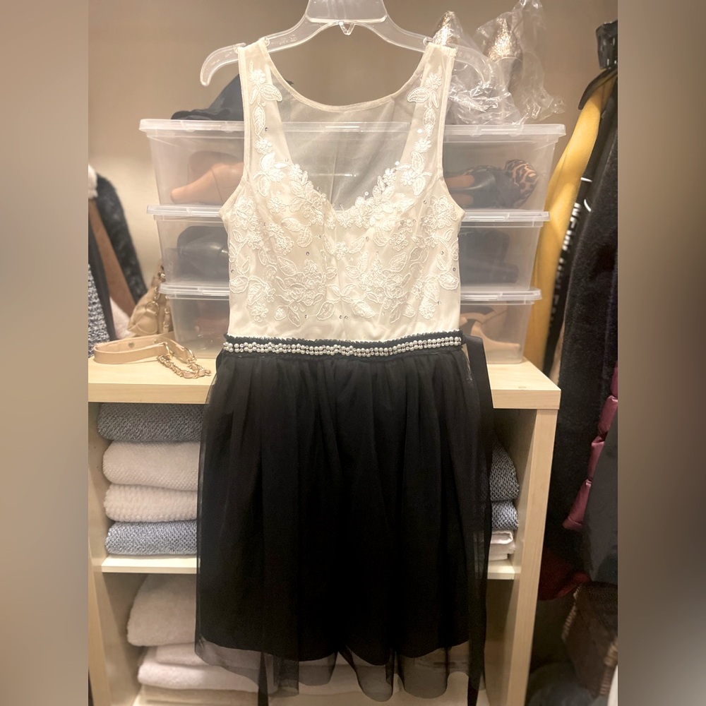 Black and White lace dress with pearl and rhinestone waist